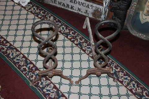 Antique Cast Iron Fireplace Andirons Unusual Twisted DNA Strand Large Andirons Cover