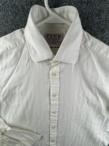 Thomas Pink Long Sleeve Button Up Shirt Men Cotton White Striped 15.5 33 Woven - Picture 1 of 13