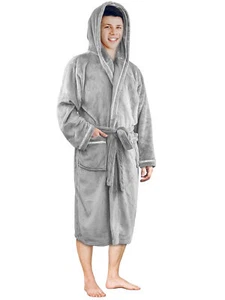 Mens Fleece Robe Hooded Bathrobe Shawl Collar Spa Robe with Hood Soft Microfiber - Picture 1 of 61
