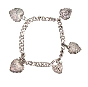 VINTAGE STERLING SILVER 925 PUFFY HEART CHARM BRACELET WALTER LAMPL PADLOCK  - Picture 1 of 21