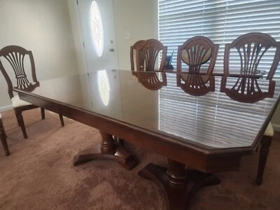 burl wood dining table with leaf and 8 chairs excellent condition rarely used  - Image 1 of 4