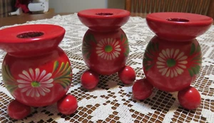Vintage 3er Set Schwedische Volkskunst Bemalt Blume Holz Kerzenständer Halter 2 3/4" - Bild 1 von 6