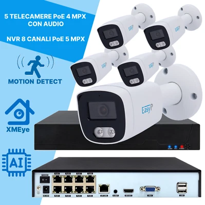 Kit IP POE 5 Telecamere bullet 4 MP 2.8mm con audio NVR 8 Ingressi Motion detect - Immagine 1 di 2