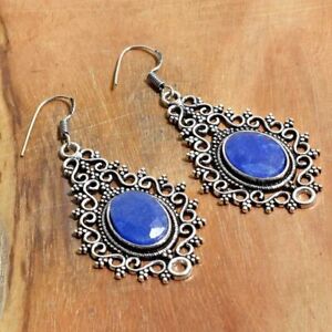 Blue Sapphire Handmade Drop Dangle Earrings Jewelry 2.2" AE 22426
