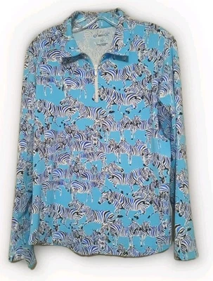 Pullover de golf IBKUL azul estampado de cebra manga larga cuarto cremallera mangas de malla talla L Foto 1 de 4
