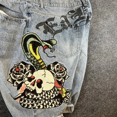 Ed Hardy Blue Jorts with Distressed Details Skull and Snake Print Y2k, Skater - Image 1 of 4