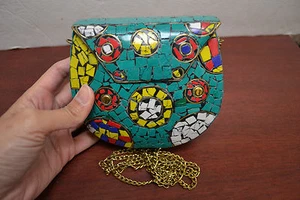 GOLD TURQUOISE RED CORAL BLUE LAPIZ LOOK HANDMADE METAL PURSE T-1181B - Picture 1 of 4