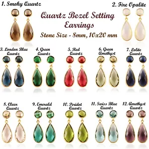 Gemstone Hydro Quartz Stud Earrings Gold Plated Bezel Set Stud Dangle Earrings - Picture 1 of 25