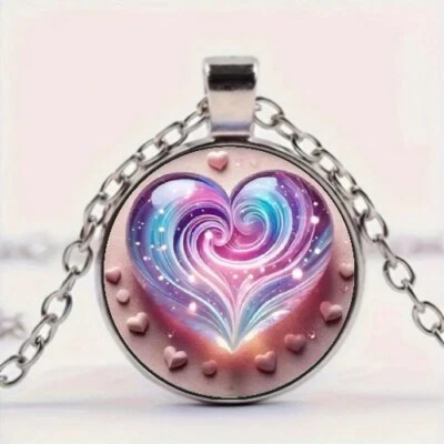 Collar Colgante Vidrio Redondo Tema Amor Rosa Diseño Corazón Vórtice Cósmico Foto 1 de 4