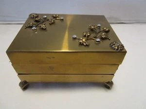 Portagioie vintage metallo 2 livelli cerniera oro strass velluto interno anni '50 - Foto 1 di 13