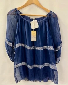 Viola Borghi - Made In Italy Navy Silk Sequin Top - Med - New with Tags B8001 - Picture 1 of 4