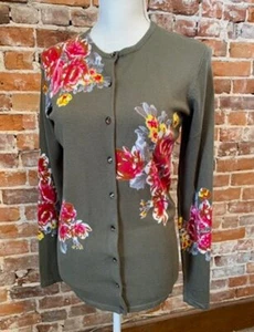 Quacker Factory Olive Green Embellished Button Front Floral Cardigan Sweater New - Picture 1 of 7