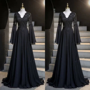 Gothic Black Wedding Dresses V Neck Long Sleeve Appliques Chiffon Bridal Gowns - Picture 1 of 6