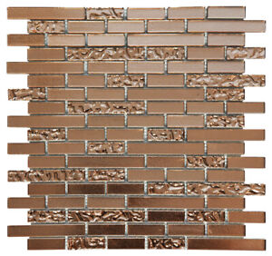 Copper Lava & Plain Glass Brick Mosaic Tile Sheet 300x300x6mm (GTR10198)