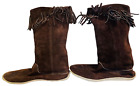 HANDMADE BROWN SUEDE LEATHER FRINGE MOCCASINS KNEE HIGH GOOD CD WOMENS SIZE 10.5