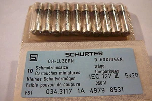T1A250V SLOW BLOW GLASS FUSE 5mm x 20mm (PACK OF 10)BY SCHURTER - Picture 1 of 2