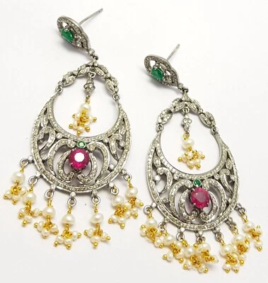 Rubin Smaragd Perle Edelstein Pflastern Diamant 925 Sterlingsilber Traditionell - Bild 1 von 4