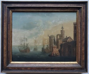 Gemälde Öl Landschaft Hafen Niederlande Schiffe Zitadelle Ruine Um 1800 - Bild 1 von 15