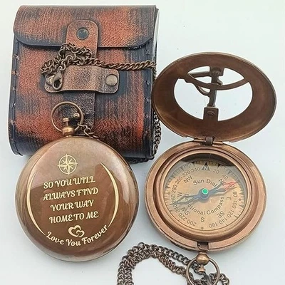 Brújula de bolsillo de latón antiguo regalo para hombre reloj de sol personalizado vintage Foto 1 de 4