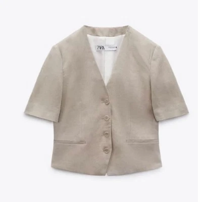 Blazer Zara Mezcla de Lino Manga Corta Beige Botón Frontal Mujer Talla M *Defectuoso Foto 1 de 4