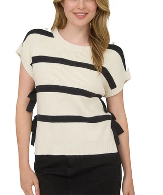 Suéter tejido manga corta con corbata lateral a rayas azul pimienta Foto 1 de 3