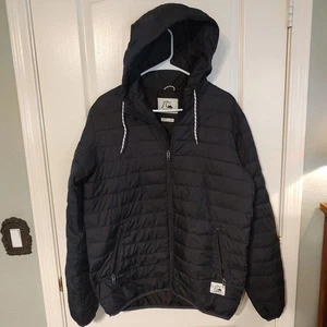 Quiksilver Puffer Jacket Hooded Fill Zip Black Men's Size Medium Zip Pockets - Picture 1 of 11