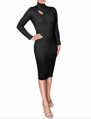 Nuevo Vestido Suéter Midi Para Mujer Rachel Roy Cuello Simulado Recortado Negro Talla XS Foto 1 de 4