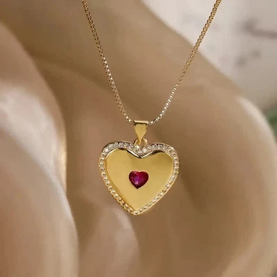 0.3Ct Round Lab Created Diamond /Ruby Heart Style Pendant 14K Yellow Gold Plated - Image 1 of 4