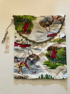 Bolsa de almacenamiento de tela de corteza de algodón MODA HOME escenas de pesca Ric Rac nuevo sin etiquetas - Imagen 1 de 7