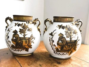 Limoges Pair Vintage 20's Asian Gilt and White Pillow Vases with Dragon Handles - Picture 1 of 15