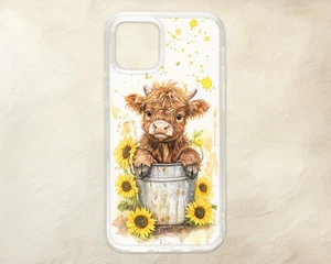 Watercolour Cute Baby Cow Bucket Sunflowers Phone Case iPhone Samsung Motorola - Picture 1 of 1
