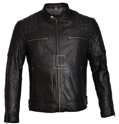 David Beckham Slim Fit Classic Biker Real Leather Motorcycle Men's Black Jacket - Image 1 of 4