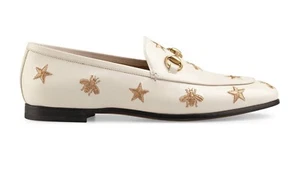 Mocasines planos de cuero GUCCI Jordaan 35,5 blancos abeja y hebilla bordada estrella - Imagen 1 de 13