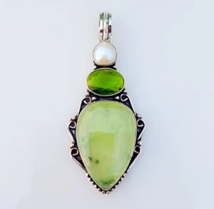 Prehnite With Peridot & Pearl Pendant Sterling Silver Handmade Gemstone Jewelry - Picture 1 of 5