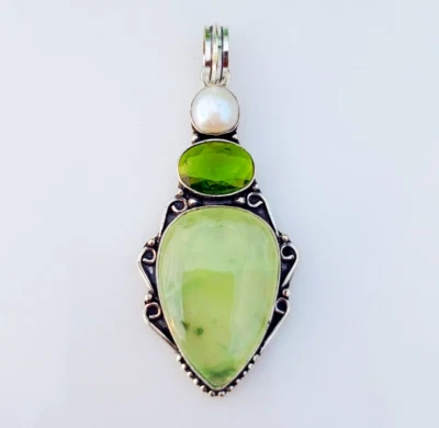 Prehnite With Peridot & Pearl Pendant Sterling Silver Handmade Gemstone Jewelry - Image 1 of 4