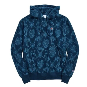 Champion Reverse Weave hoodie Sweater All over print teal Blue MENS SMALL NEW - Picture 1 of 12