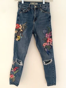TOPSHOP Moto Jamie Jeans W25 L30 Embroidered Distress Skinny Stretch Mid Rise - Picture 1 of 14