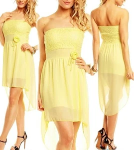 Sexy Miss Women High-Low Chiffon Mini Dress Bandeau Flower Lace 34/36/38 Yellow - Picture 1 of 9