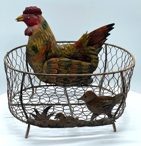 Chicken Wire Basket w/ Metal Rooster Birds 9" French Country Farmhouse Kitchen Cover