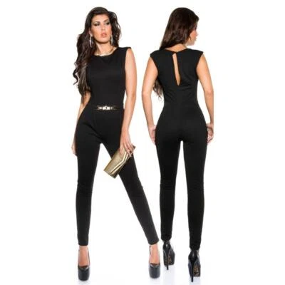 KOUCLA Eleganter ärmelloser Overall Jumpsuit goldene Schnalle Schwarz #OV152
