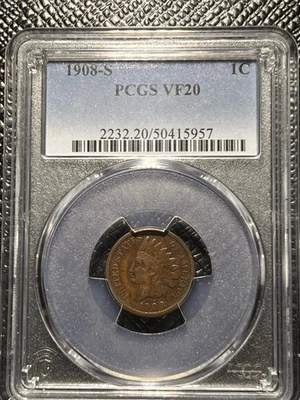 1908 S INDIAN HEAD CENT PCGS VF-20 - KEY DATE INDIAN PENNY - CERTIFIED SLAB - 1C - Image 1 of 4