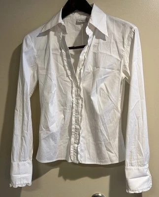 Blusa Top AKRIS PUNTO Blanca Abotonada Volantes Algodón Elástico Talla Pequeña Foto 1 de 4