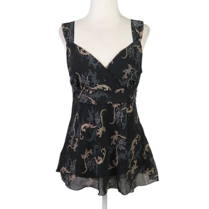 Vintage 90s AB Studio black and tan floral vine print babydoll top M - Picture 1 of 6