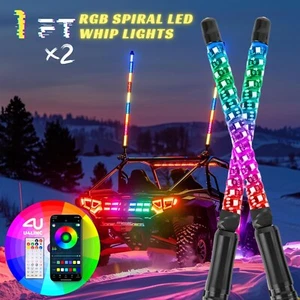 2✖ 1FT RGB Spiral LED Whip Lights Antenna Chasing APP & Remote for ATV UTV SXS - Picture 1 of 19