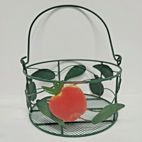 Green Wire Metal Red Apple Green Leaves Wire Basket Farmhouse Decor Fruit 8"X4" Cover