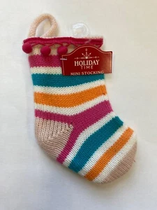 Knit MINI 7" Christmas Stocking Rainbow Stripe pompom trim gift card #1 - Picture 1 of 1