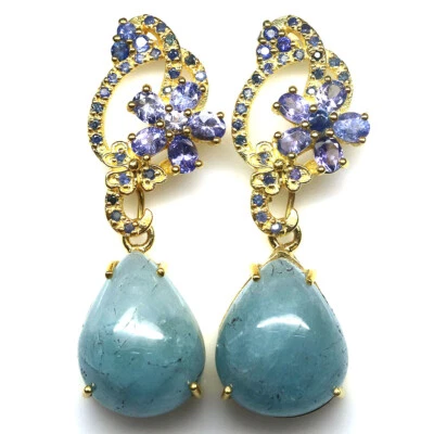 Gemstone Aqua blue Aquamarine, Tanzanite & Sapphire Earrings 925 Silver - Image 1 of 4