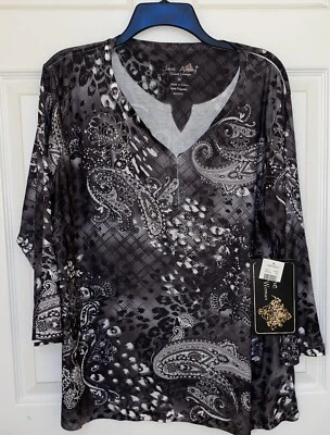 Jane Ashley Womens Top 1X  Black Multicolor Paisley Floral Sequins - Image 1 of 4