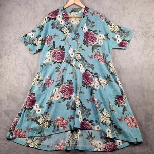 Orientique Womens Dress 14 Blue Floral V-Neck 100% Cotton Pockets - Picture 1 of 11