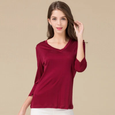 Camiseta interior mujer dama 100 % seda morera tejida cuello en V manga larga 3/4 Foto 1 de 4